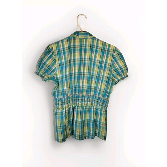 Creative Looks Medium Plaid Short Puff Sleeve Button Up Elastic Waist - Picture 2 of 12